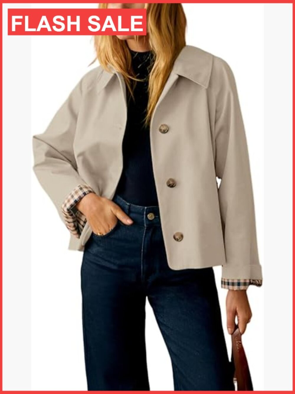 Oversize Trench Coat Plaid Lining Lapel Button Down Casual Crop Jacket Pockets